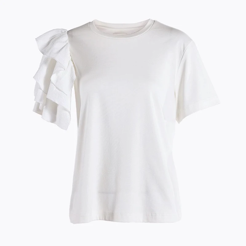 

Ruffle Casual T Shirt For Women O Neck Short Sleeve Patchwork Black Joker Tops Female Summer Fashion New Clothing