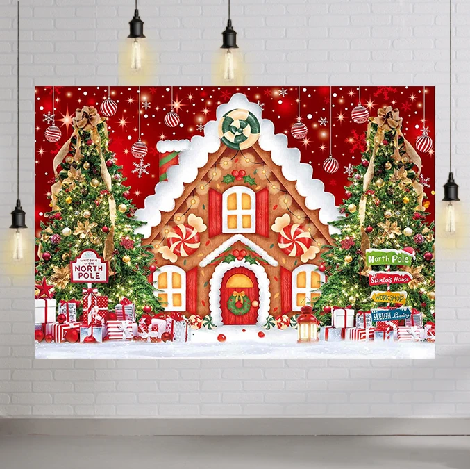 

Christmas Gingerbread House Backdrop for Photography Winter Merry Xmas Tree Background Santa Baby Shower Birthday Party