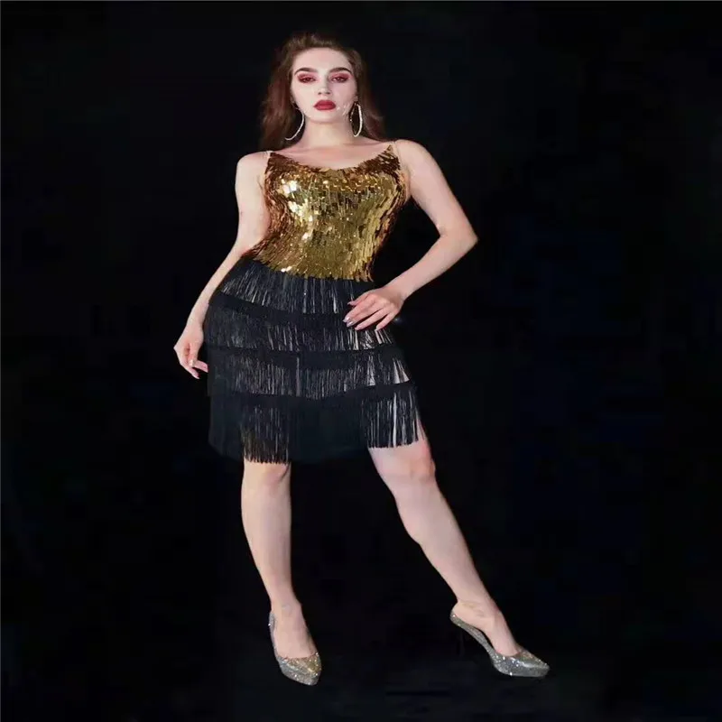 Костюм для бальных танцев A31 платье с кисточками певицы золотистая юбка