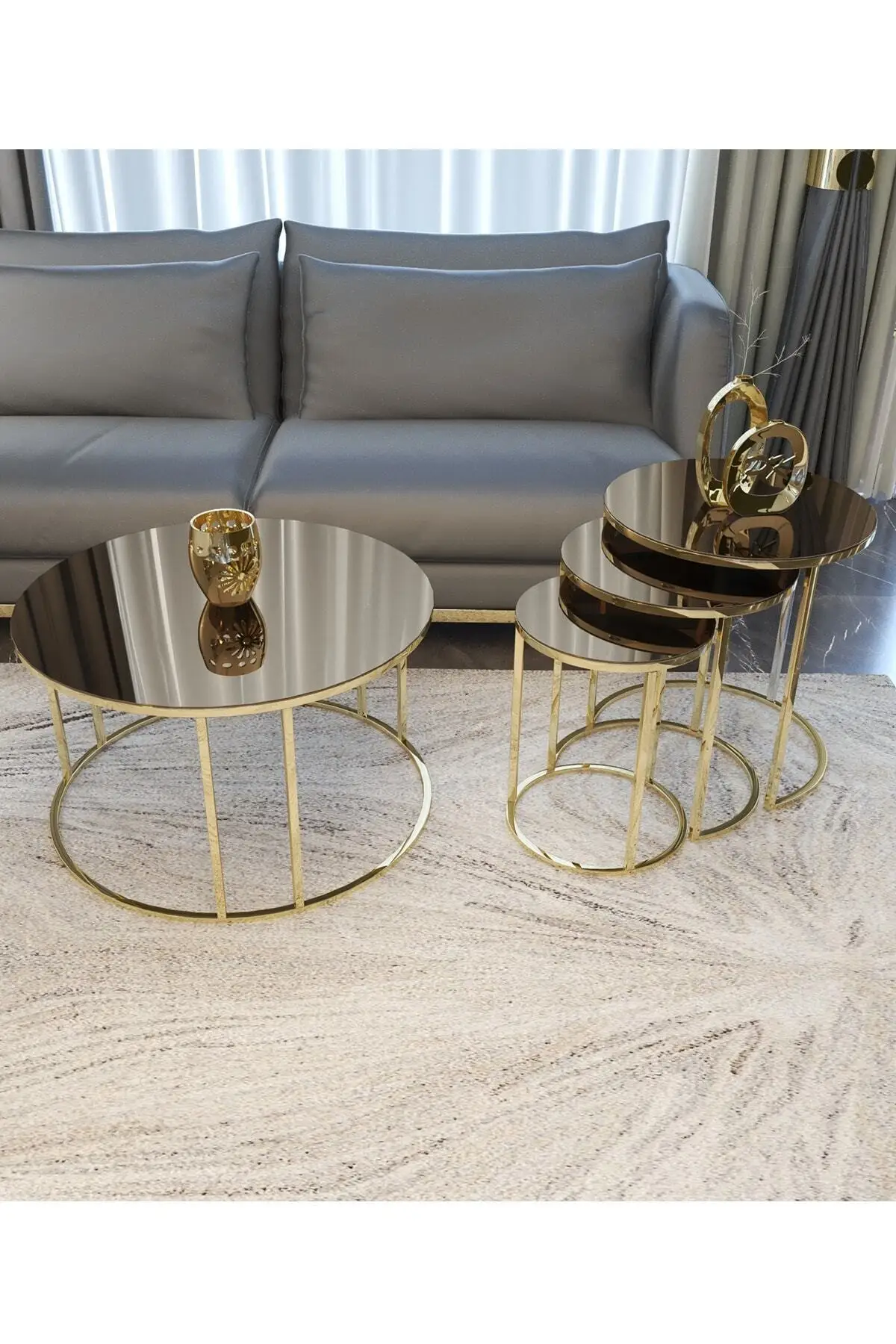 

3 pcs Zigon And Medium Coffee Table Set Gold Metal Toe Bronze Mirror Suit