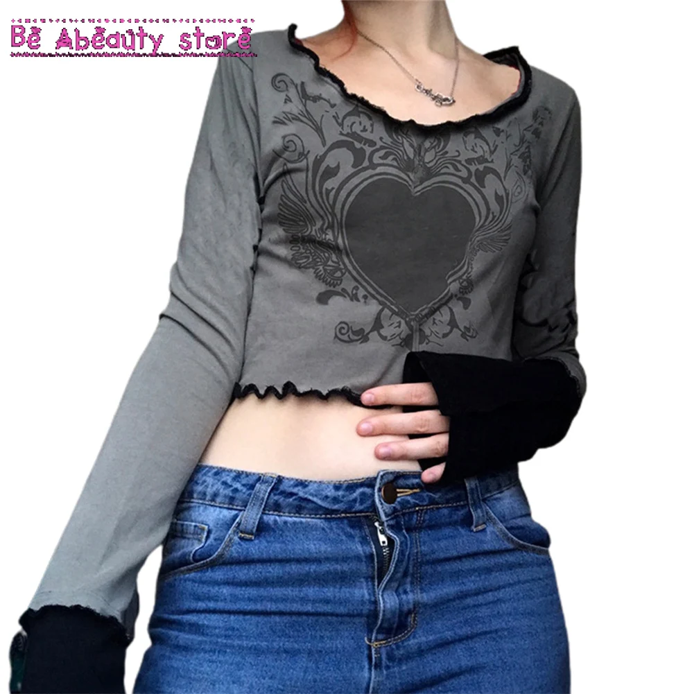 

Женская футболка с милым принтом y2k, гранж, Fairycore, короткий топ, контрастные пуловеры с длинным рукавом, Милые серые весенние и осенние футбол...