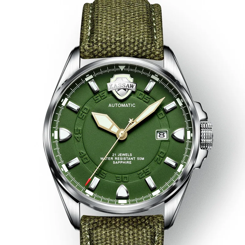 Мужские часы KASSAW в стиле милитари светящиеся автоматические механические с