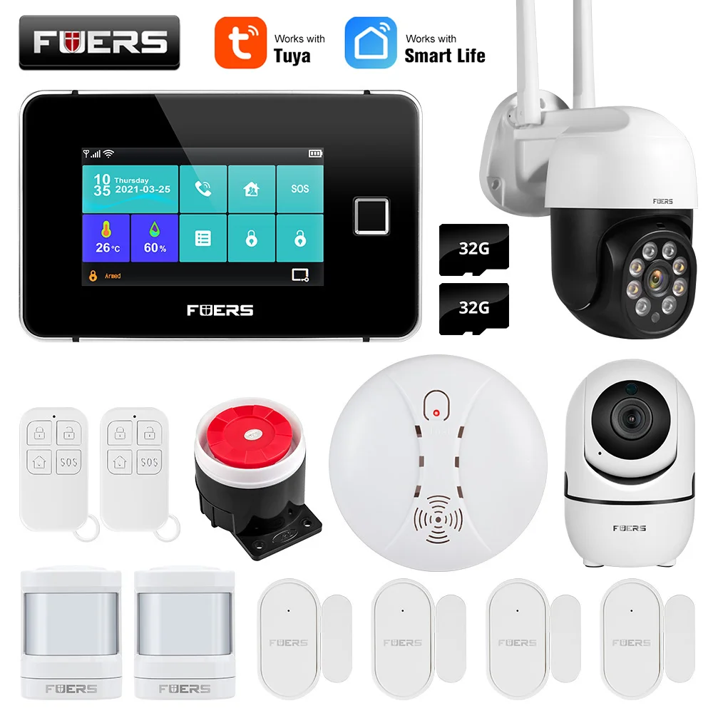 

FUERS Alarm System Kit GSM WIFI Alexa Tuya Smart Home Security Wireless 433MHz Fingerprint Siren IP Camera IPR Motion Door Smoke