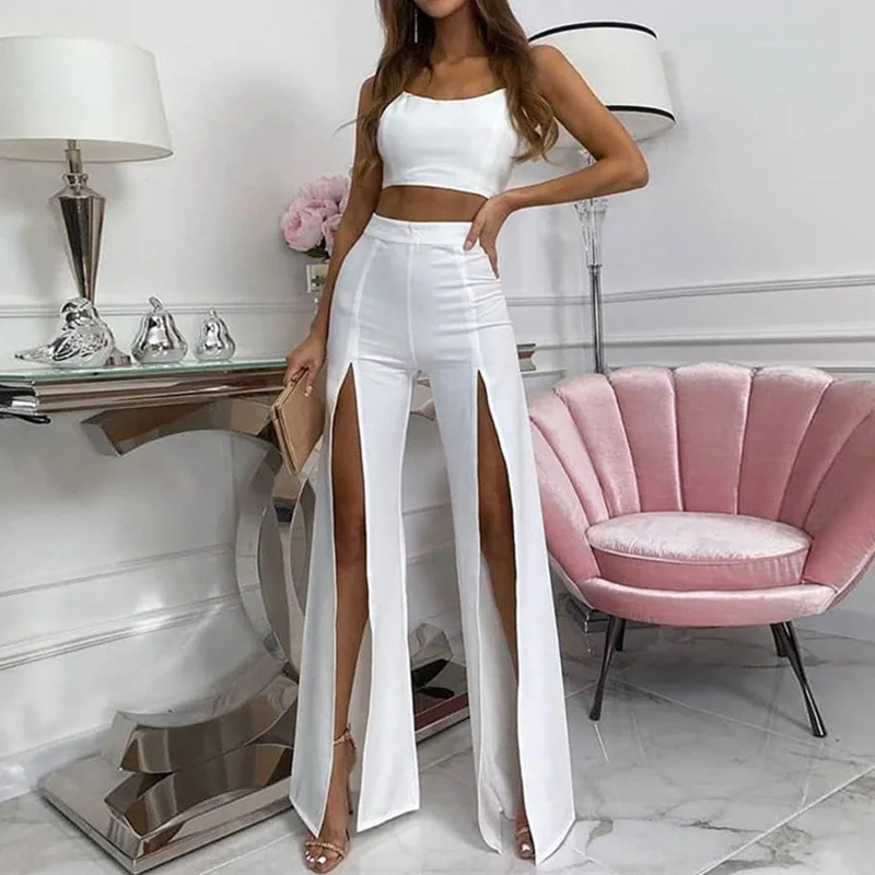 

Odessa 2022 Summer Sexy Women High Waist Pant Party Fashion Streetwear Skinny Slit Casual Long Trouser Korean Wide Leg Pants