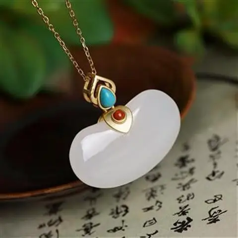

Original S925 Sterling Silver Natural Hetian Jade White Jade Personalized Fu Dou High-End Women's Inlaid Pendant with Chain Set