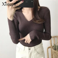 xisteps new autumn 2020 v neck solid color color slim stripes women pullover sweater long sleeve knitted top ladies jumper