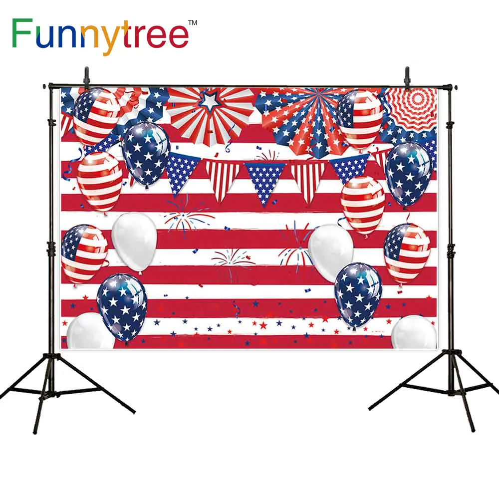 

Funnytree American Flag Balloons Firework Background Photography Independence Day stripes Stars backdrop photocall Photo studio