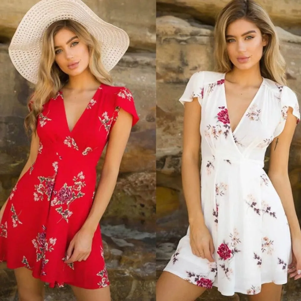 

Summer Women's Clothing Dress Short Sleeve Chiffon Dresses Fashion Clothes 2022 Clothes Printed A-line Dress V-neck Slim Dress