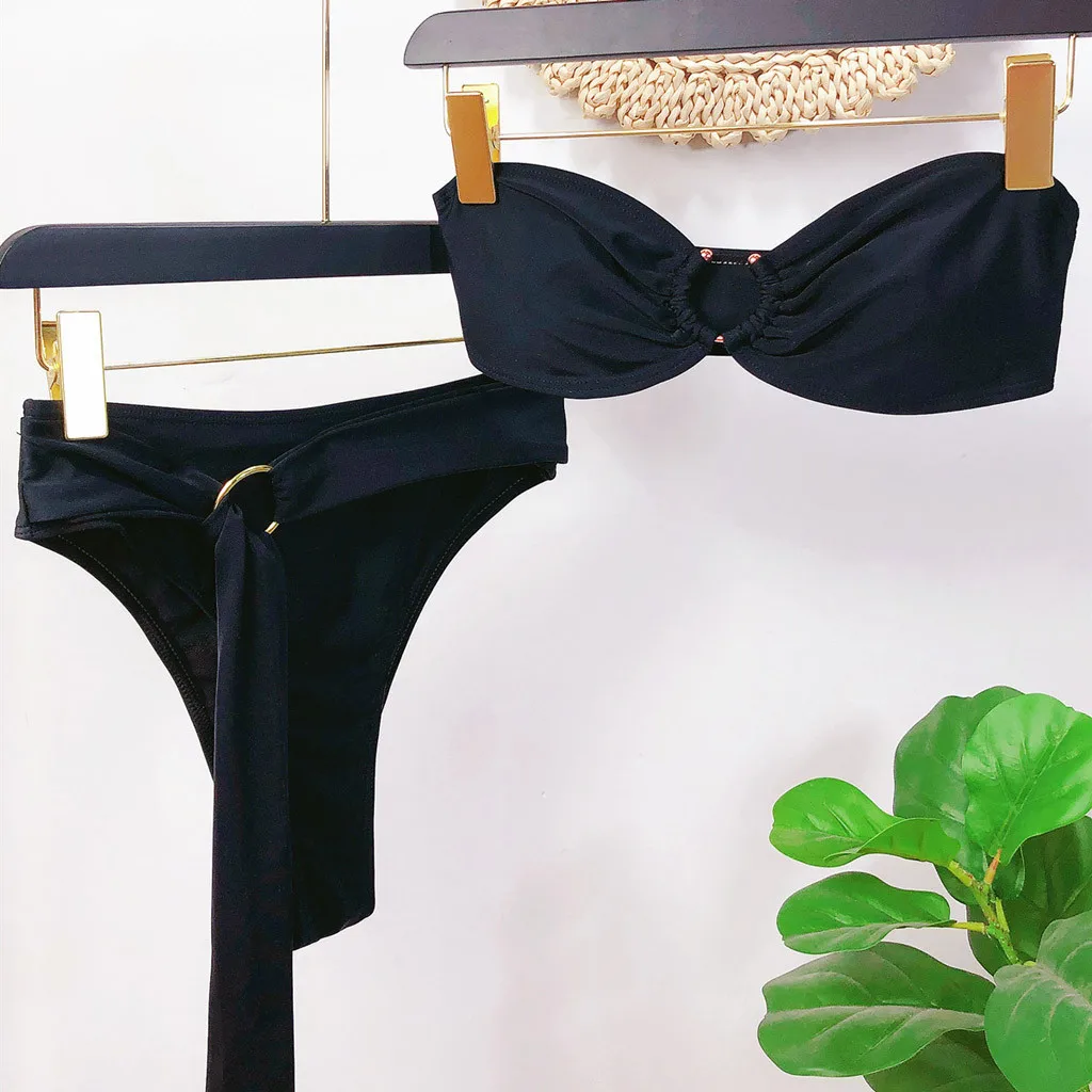 

2021 Sexy High Waist Bikini Set Women Bandeau Swimsuit Female Rings Swimwear Two Pieces Bathing Suit Women Swimwear Biquinis L