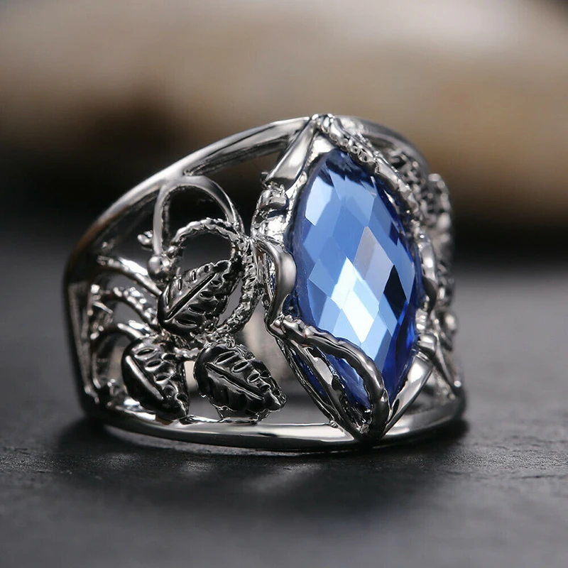 Женское кольцо с синим цирконом обручальное подвеской в виде листьев | Украшения