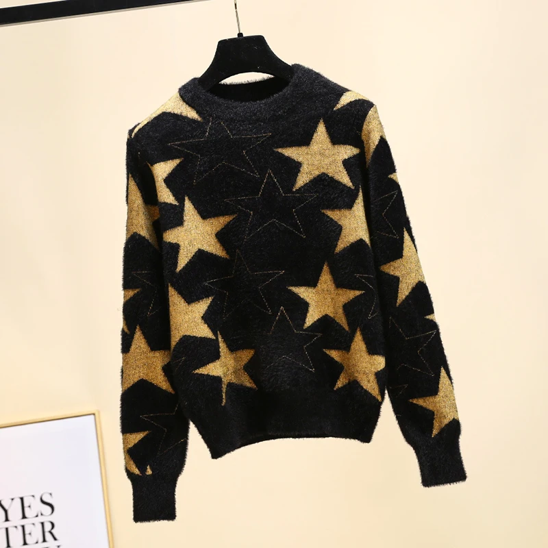 Fashion house spring 2019 fashion line stylish black sweater star mink fleece loose-fitting slim top | Женская одежда