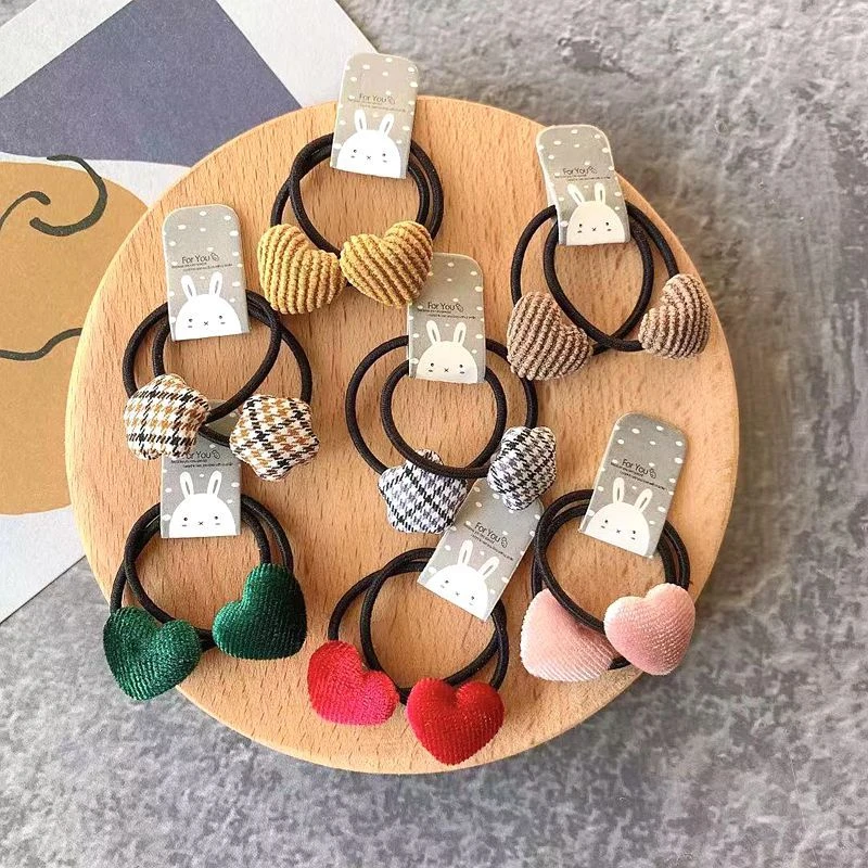 

2pcs Velvet Heart Plaid Star Button Elastic Hair Bands Rubber Hair Rope Tie Girls Hair Scrunchie Ponytail Holder Gum Accessories
