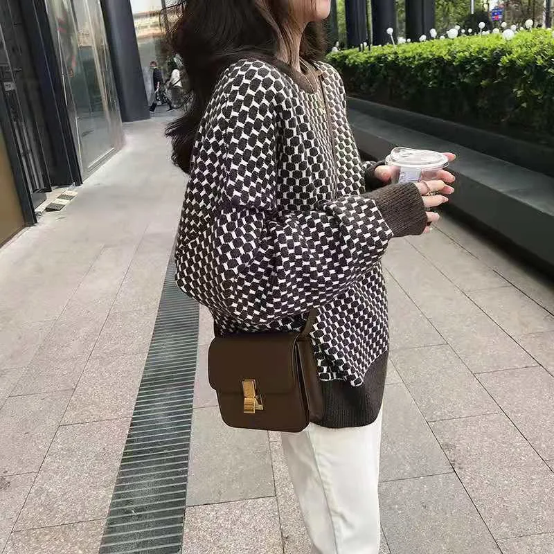 

Винтажные женские вязаные топы бетканье Sueter, пуловер, джемпер, Женская свободная клетчатая одежда, замшевые женские свитера 2022