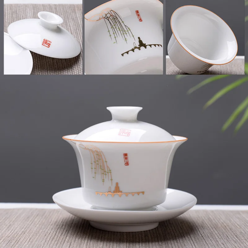 Высокое качество белый костяного фарфора Gaiwan чайный набор, путешествия керамический чайный набор, белый чайный набор кунг-фу, китайский фарфор гайвань чашка