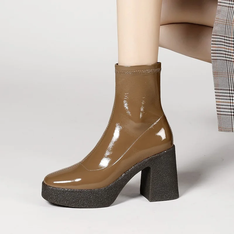 

fashion women riding boots elastic leather autumn winter square toe platform high heels zipper black brown motorcycle snow boots