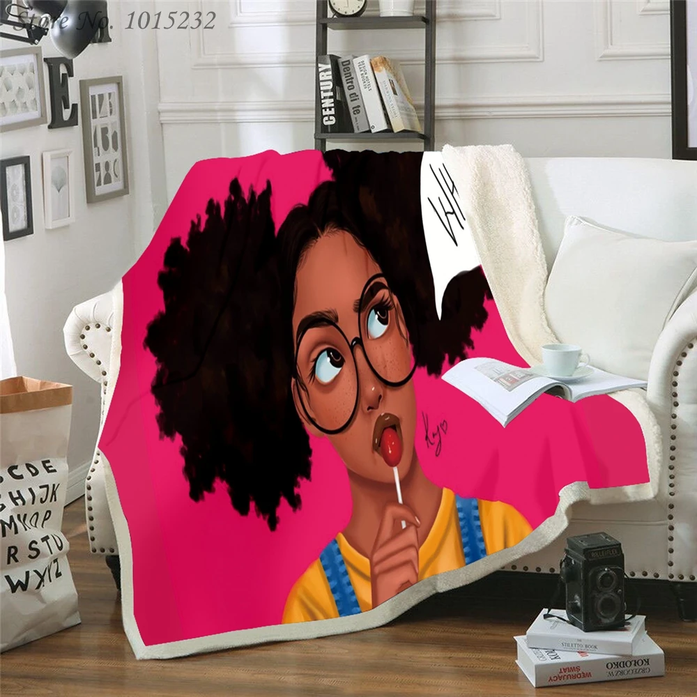 

Cartoon Black Girl 3D Printed Fleece Sherpa Blanket Home Bedroom Decor Custom Flannel Blankets for Kids Quilts 04