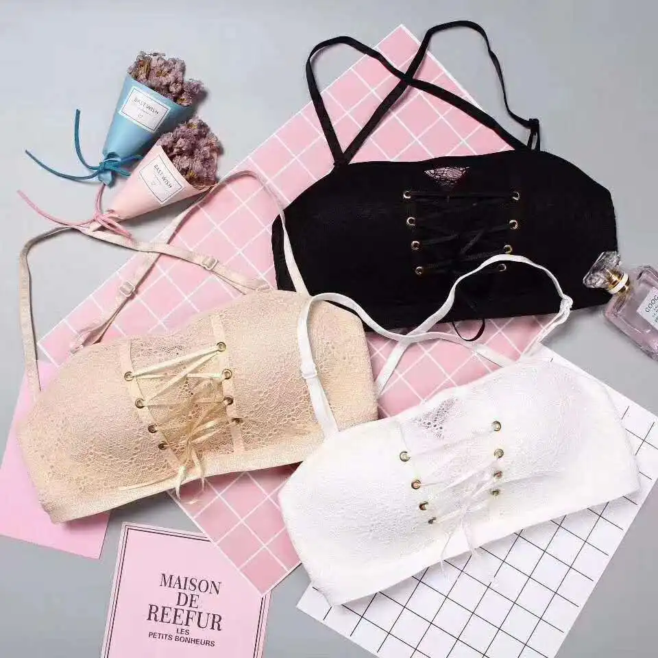 Via Lace Strapless Bra Non-slip Gathering Invisible Underwear Women's Chest Sticker Sexy No Steel Ring Tube Top Wrap Bra