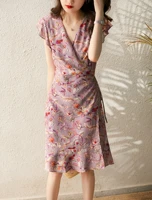 french print slim wrap silk tea break dress dress summer new style chinese fashion vestido midi elegante