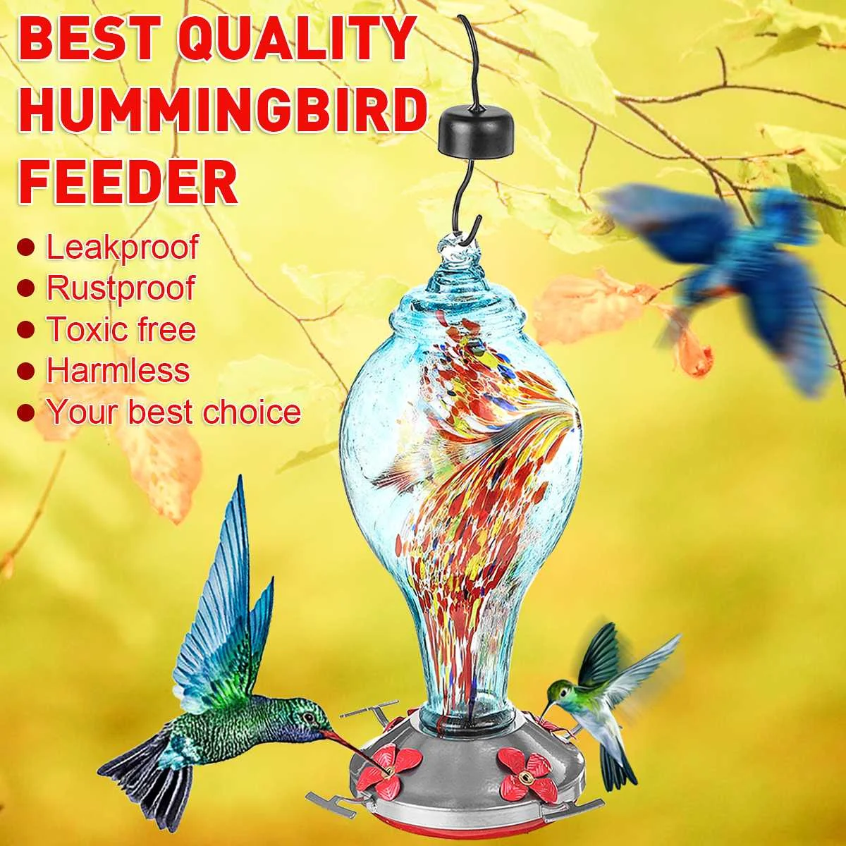 

11 Inch Colorful Glass Hummingbird Feeder Pet Bird Feeders Drinker Water Feeding Bowl for Yard Outdoor Parrot Birds Accessories