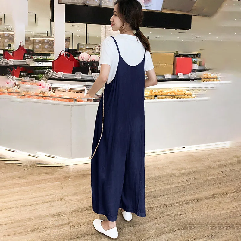 

Summer Cotton Linen Sling Women Jumpsuits V-Neck Solid Loose Female Wide Leg Overalls Fashion Basic Casual Simple Lady Jumpsuit