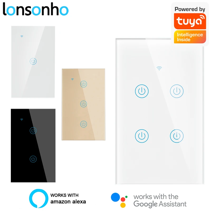 

Lonsonho Tuya Smart WiFi Switch US 1 2 3 4 Gang Wireless Remote Control Wall Light Touch Switches Compatible Alexa Google Home