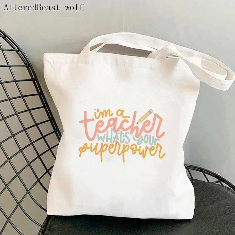 

Women Shopper bag Teacher Superpower Printed Kawaii Bag Harajuku Shopping Canvas Shopper Bag girl handbag Tote Shoulder Lady Bag