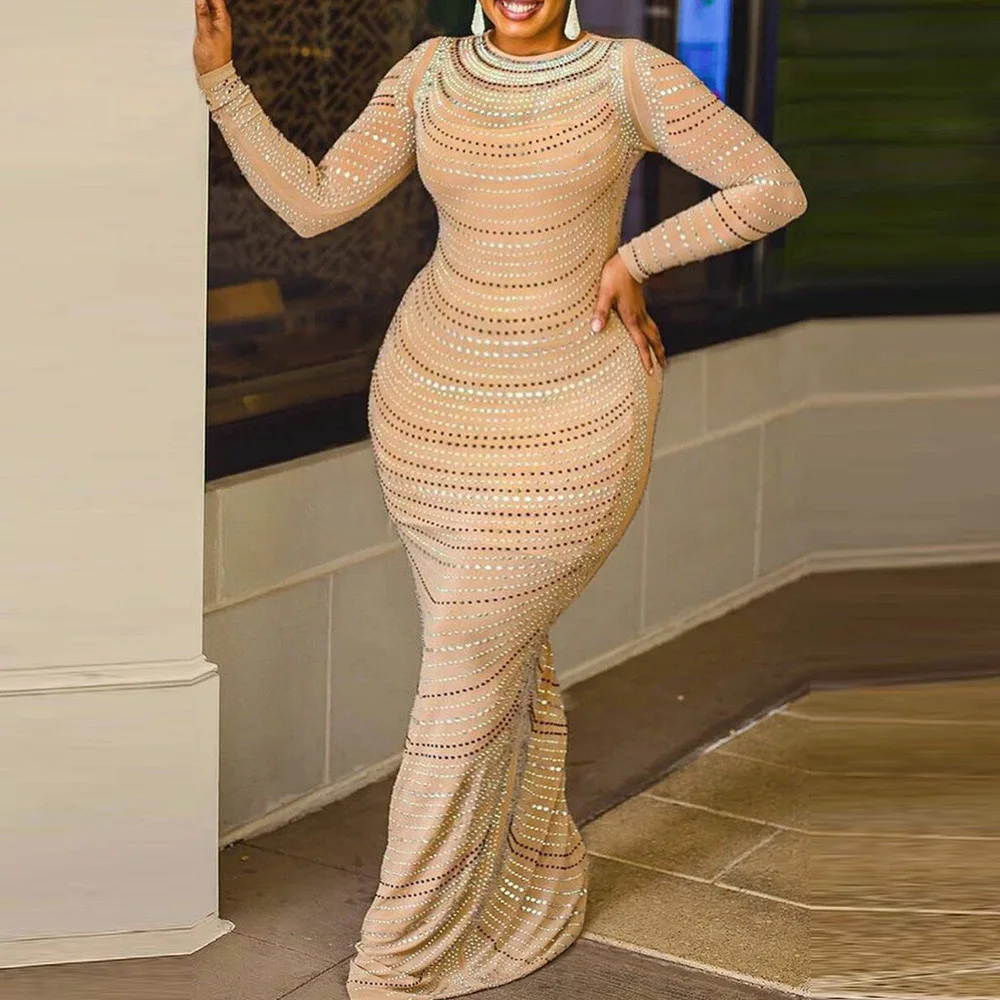 

2021 New Round Neck Sexy Polyester Mesh Milk Silk Hot Drilling Nightclub Pencil Skirt Dress With Suspenders Two Piece Sets