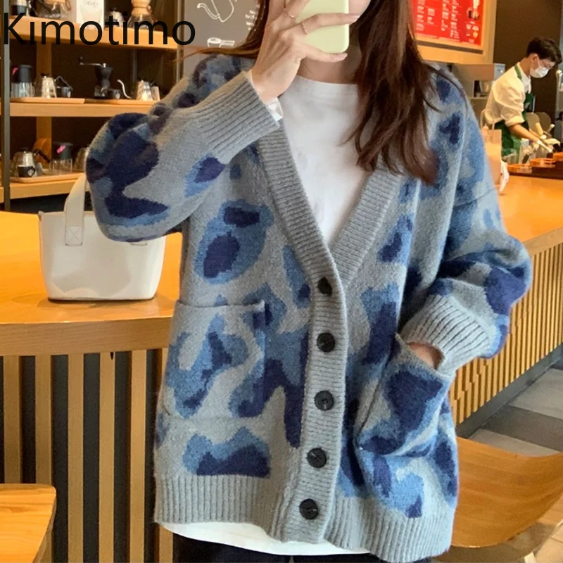 

Кардиган Kimotimo с леопардовым принтом Женский, Осень-зима 2021, универсальный свитер с V-образным вырезом, пальто, корейские свободные модные ка...