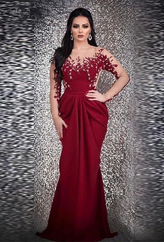 

New Arrival Long Sleeves Burgundy Evening Dress mermaid 2019 robe longue Kaftan Dubai Formal dress Party Gown Robe de soiree