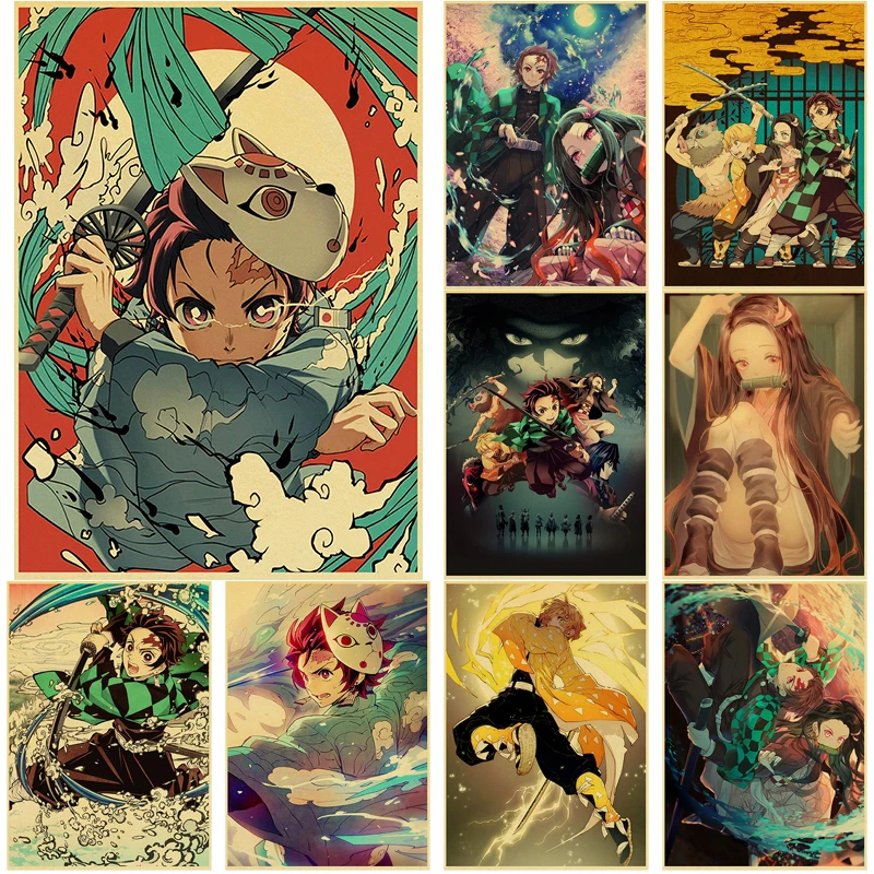 

Buy 3 Get 4 Ainime Demon Slayer Vintage Posters Decorative Kraft Paper DIY Wall Sticker Home Bar Decor Gift