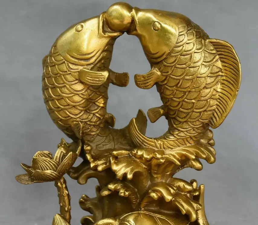10&quot China Pure Bronze Wealth Fish Barracuda Fishes Bead Lotus Flower Statue | Дом и сад