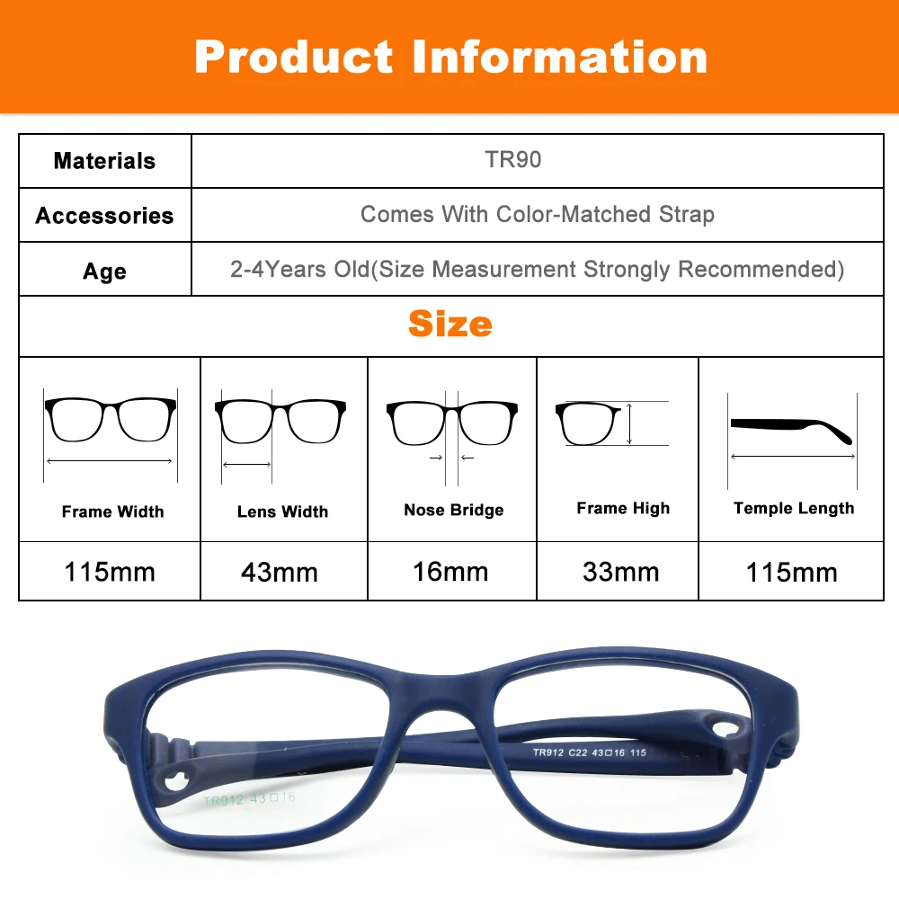 Оправа для очков мальчиков с ремнем размер 43/16 цельная без винта безопасные