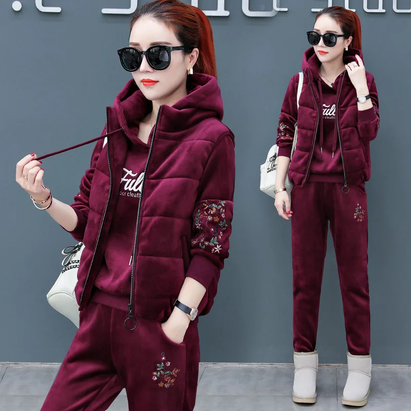 Fuchsia Утолщенные женские костюмы толстовки жилет брюки для отдыха теплая зимняя двухсторонняя бархатная одежда плюшевый флисовый костюм из трех предметов - Цвет: Fuchsia