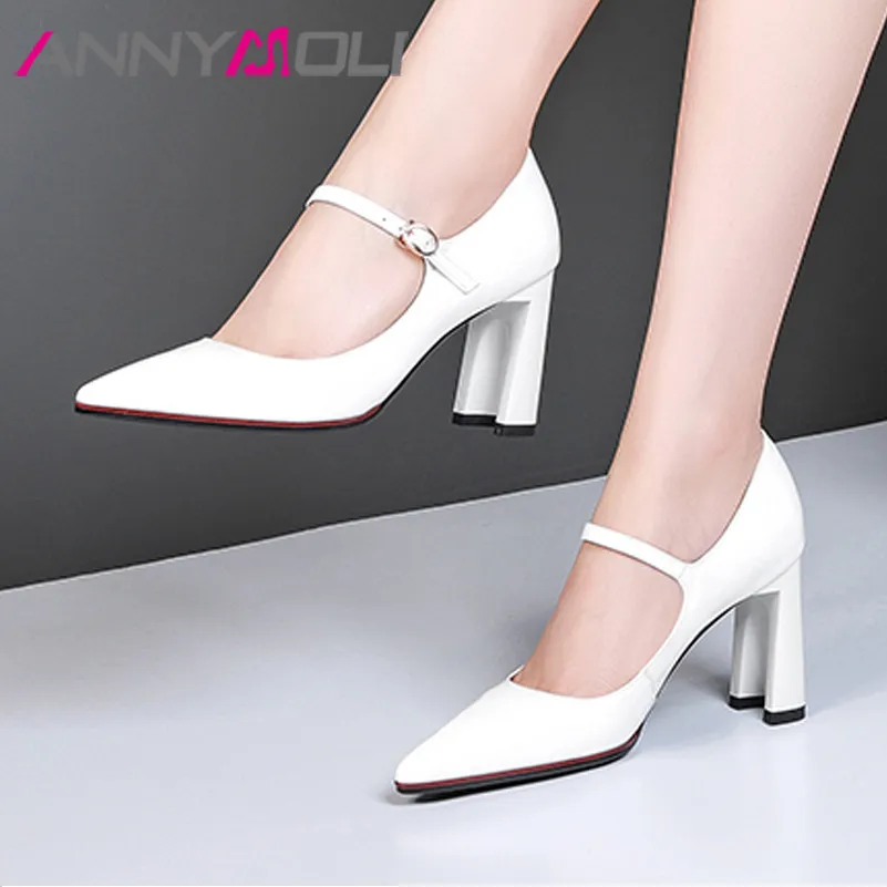 

ANNYMOLI High Heels Women Shoes Natural Genuine Leather Extreme High Heel Party Shoes Real Leather Buckle Pumps Lady Size 34-39
