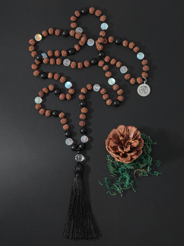 

OAIITE Black Agate Opal Stone Necklace With Rudraksha 108 JapaMala Necklaces Buddhist Prayer Reiki Spiritual Healing Jewelry