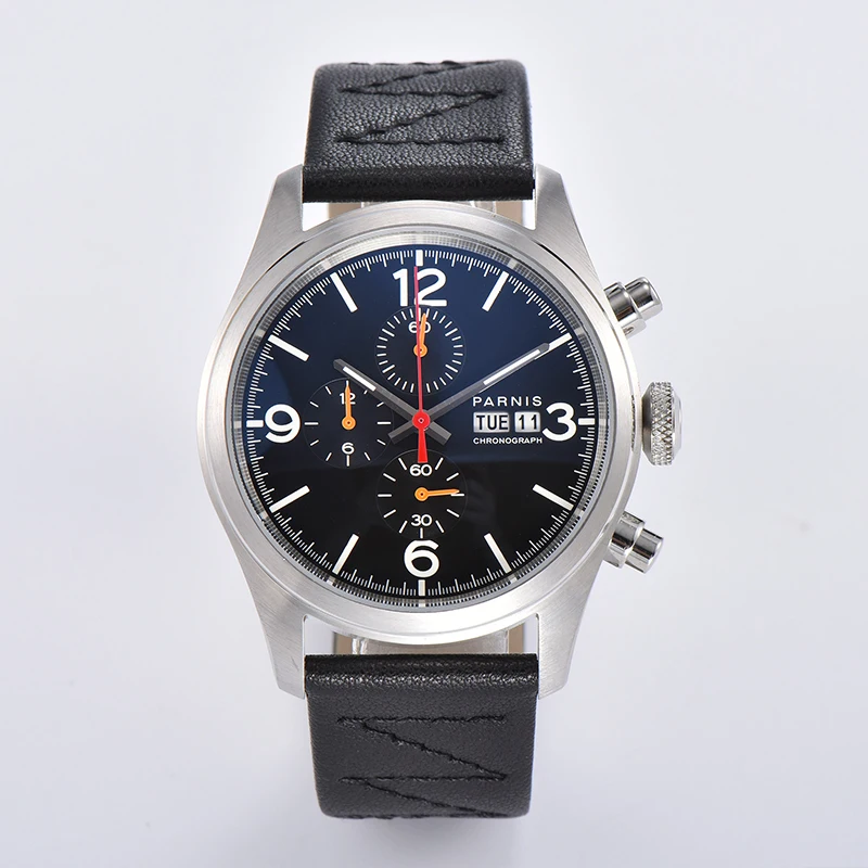 

Parnis 42mm Black Dial Quartz Chronograph Watch Men Leather Strap Week Display Calendar Men's Watch Relogio Masculino 2022 Box
