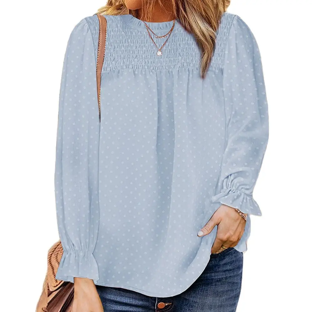 

2021 New High-Quality Hot-Selling Solid Color Long-Sleeved Top Loose Polka Dot Printing Bottoming Shirt
