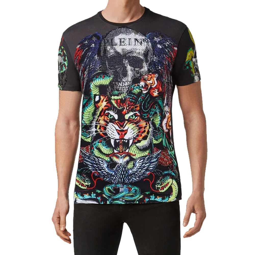 

PLEIN BEAR 2021 Summer New T-shirt Round Neck Tattoo Men Fashion Hip Hop Streetwear Pattern Print Tops High Quality Tshirt