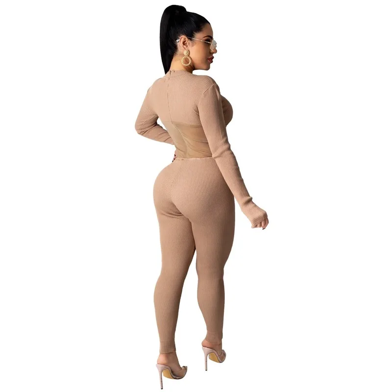

Khaki Mesh Patchwork Long Sleeve See Through Rompers Sexy Club Outfits Fall Clothes One Piece Knitted Jumpsuit Women Plus Size