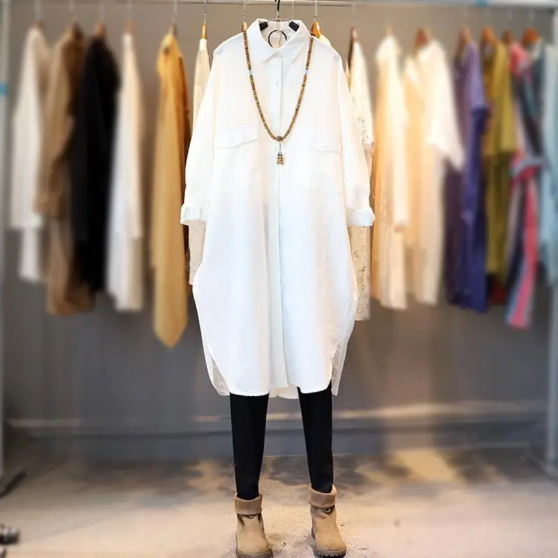 

2021 Korean Long Dress Spring Plus Size SolidMid Length Cotton Versatile Shirt Women's Trend Harajuku Vintage Tops Factory Tunic