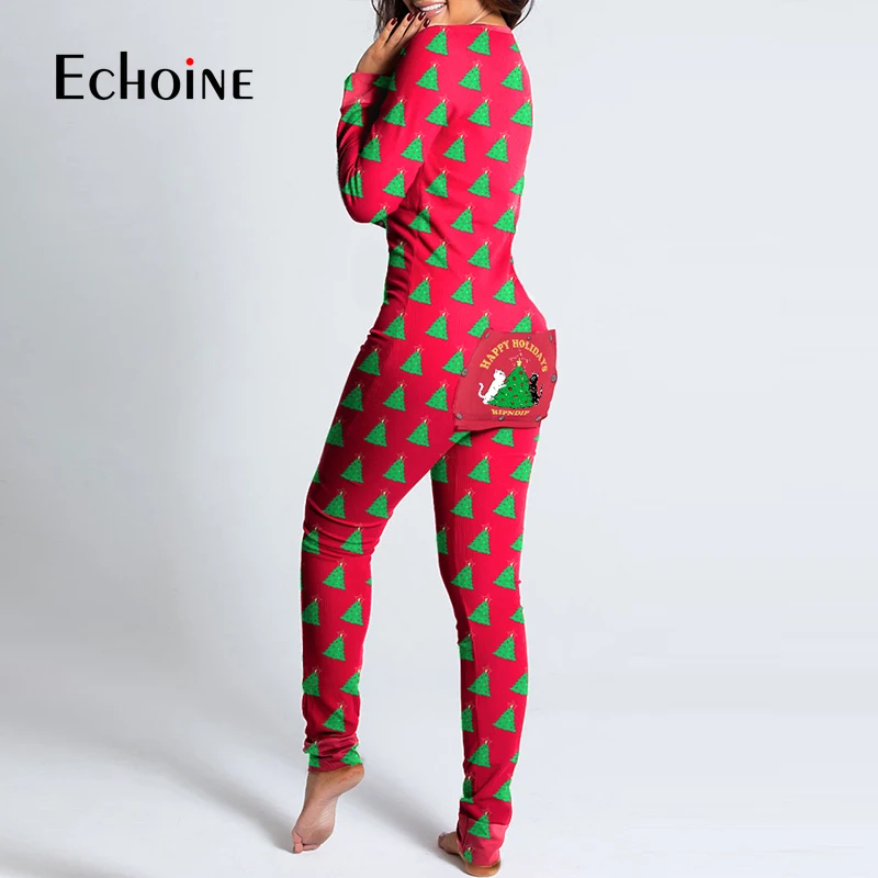 

Echoine spring women Sexy Button open crotch Adults Onesies Long Sleeve V-neck print Pajama Romper Jumpsuit Nightwear Home Wear
