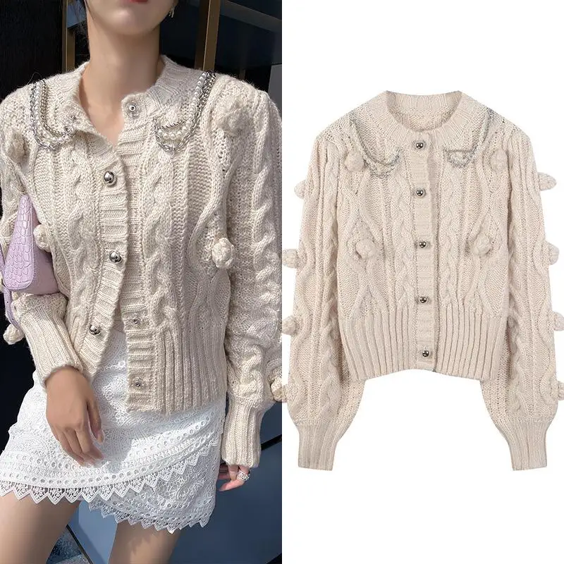 

New Fall Winter Retro Twist Knit Sweater Ladies Loose O-Neck Short Chain Beading Luxury Designer Single Breasted Cardigan Top