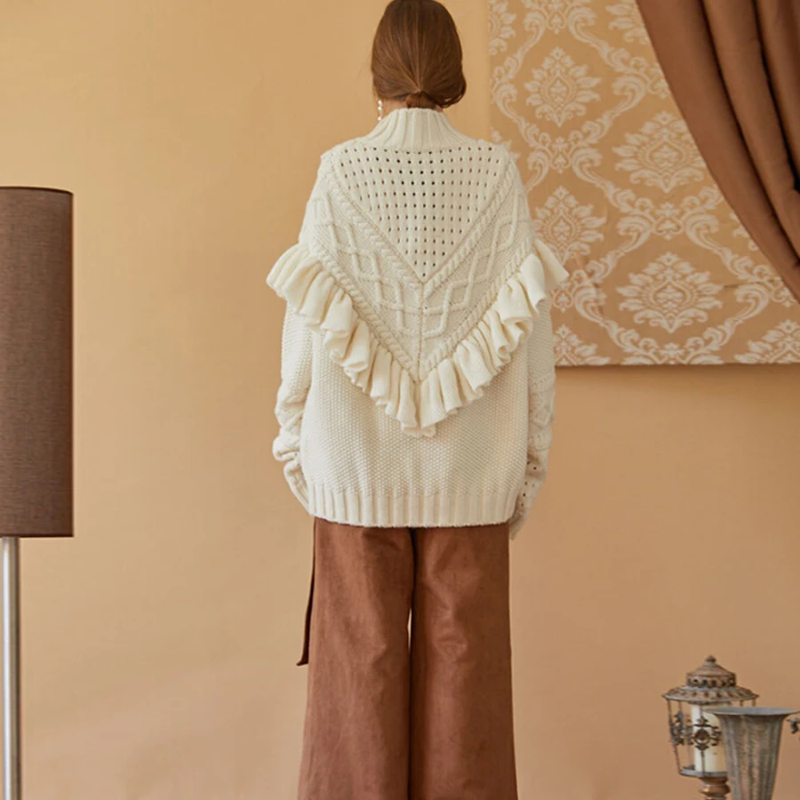 Женский пуловер оверсайз TEELYNN теплый толстый свитер с оборками свободная