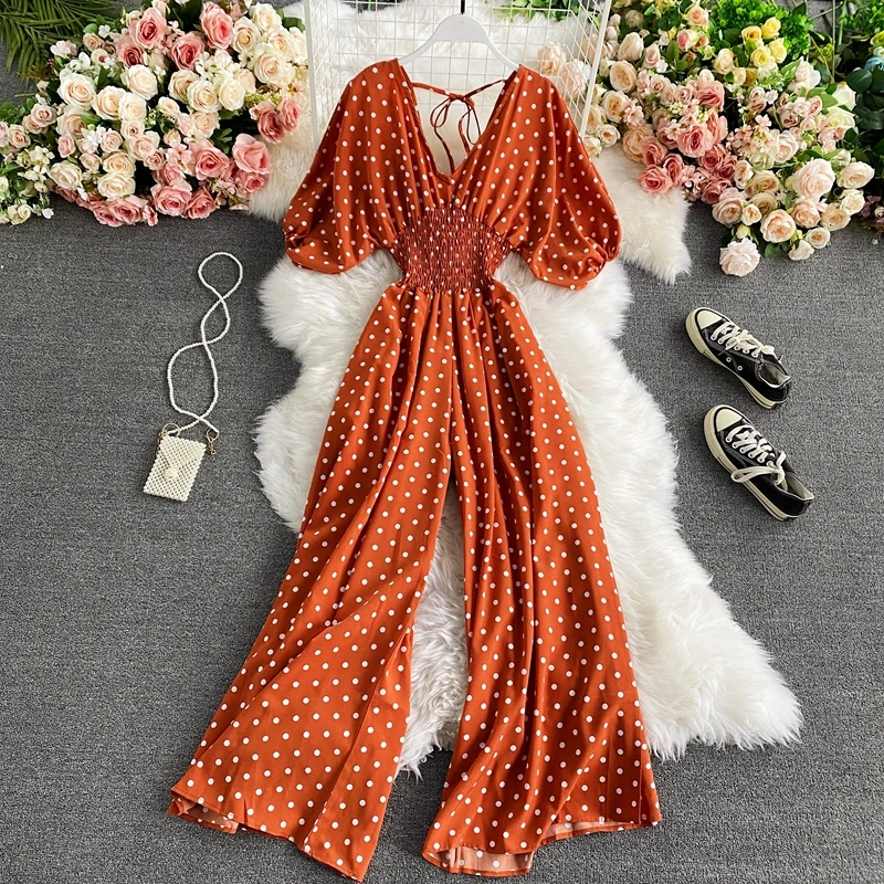 

Sexy V Neck Jumpsuit Women Batwing Sleeve Polka Dot Print Jumpsuits Fashion Wide Leg Rompers Beach Red Black One Piece Overalls