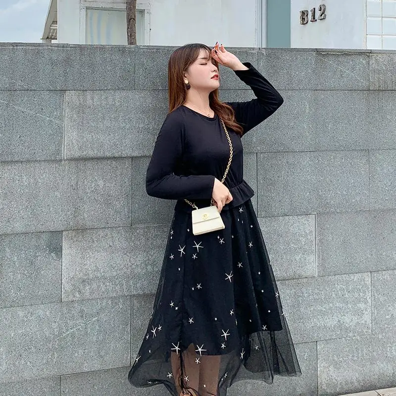 Женское платье в Корейском стиле черное Сетчатое большого размера с принтом