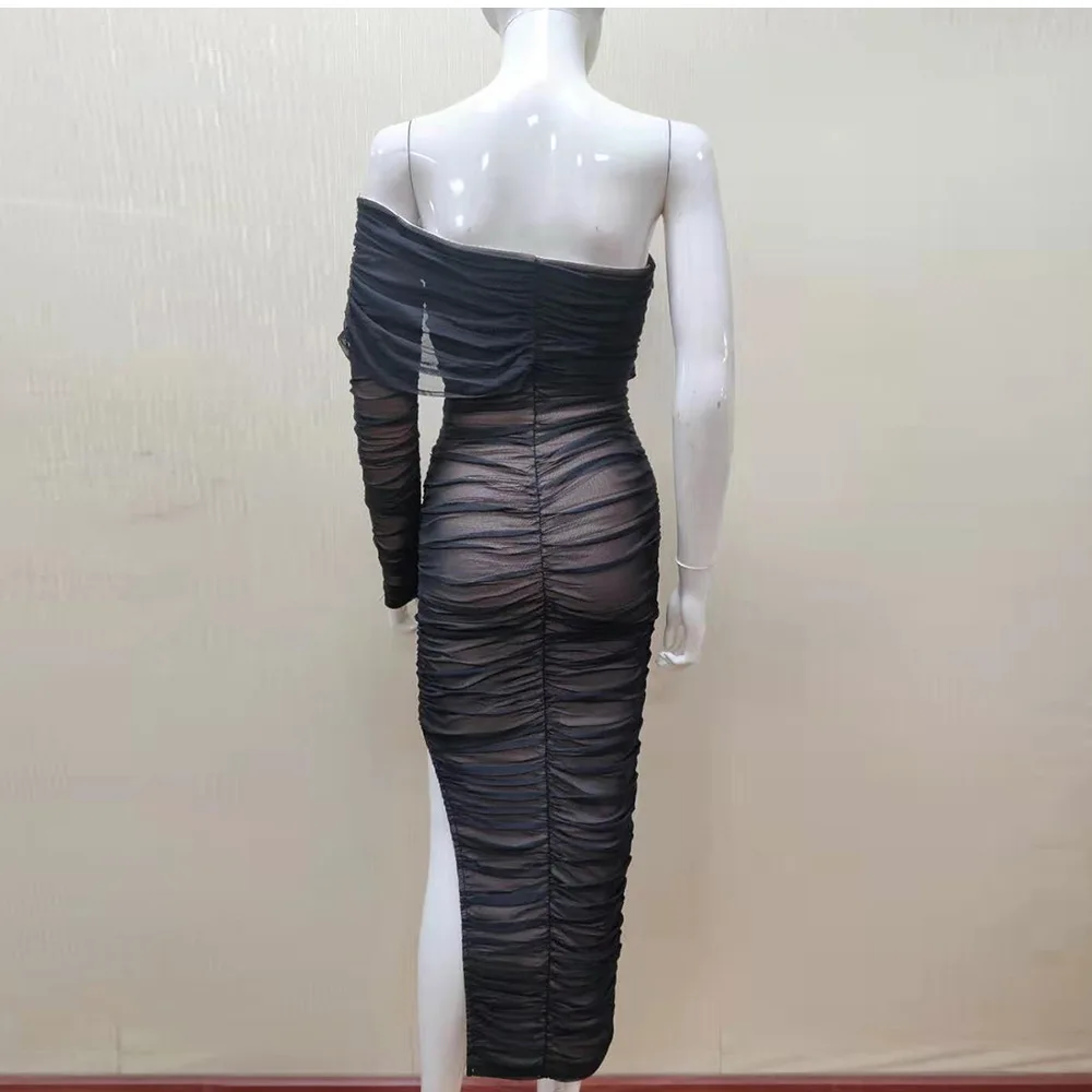 Женское облегающее Сетчатое платье средней длины красное черное с одним рукавом