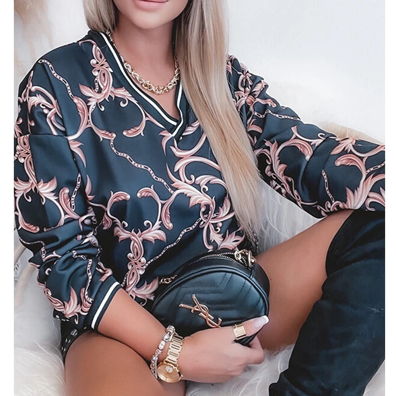 

Mandylandy Summer Shirts Tops Fashion Streetwear Casual V-neck Printed Top Tshirts Women Long Sleeve Loose Tshirts Tops