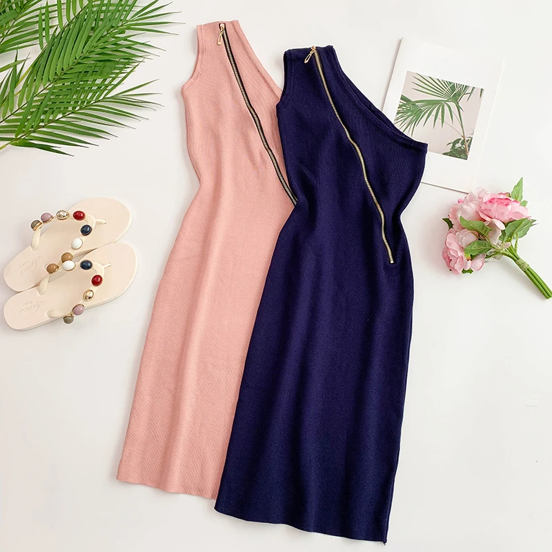 Женское эластичное трикотажное платье с косым плечом на одно плечо молнии