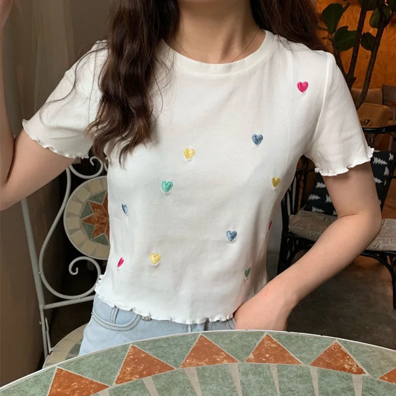 

Women Sweet Elegant Love Embroidery Slim Short Sleeved Round Collar Slim Bottom Knit Sweater
