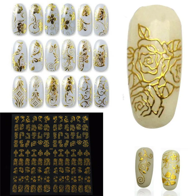 1 Sheet Silver Gold 3D Nail Stickers Creative Metallic Flowers Design Manicure DIY Patch Beauty Makeup Accessories | Красота и